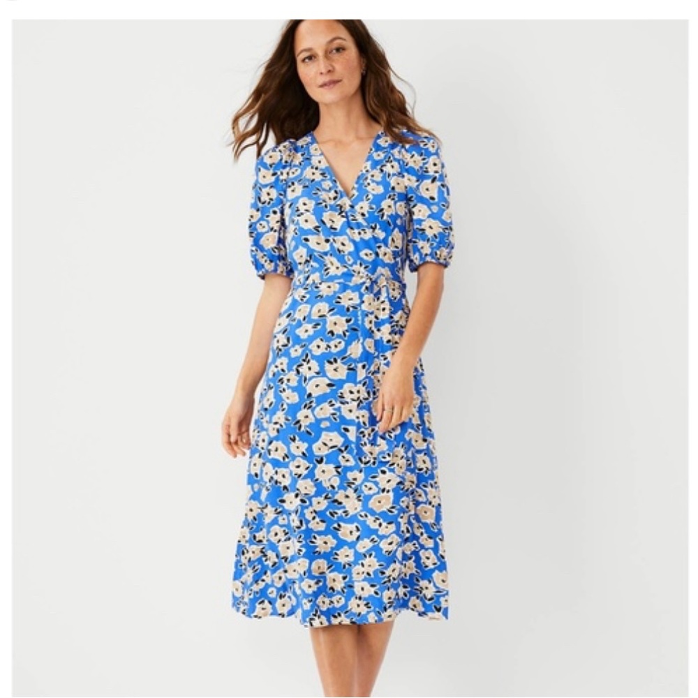 Ann Taylor Floral Puff Sleeve Wrap Dress